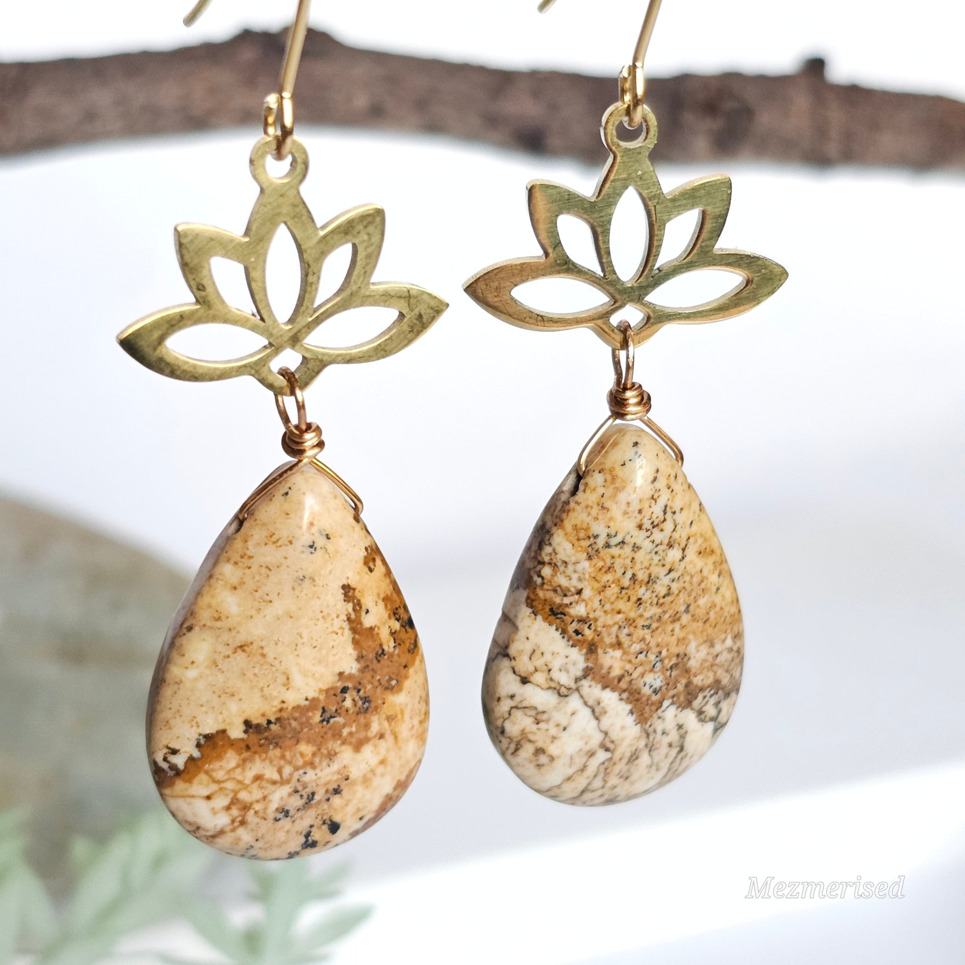 Picture Jasper Gold Lotus Earrings