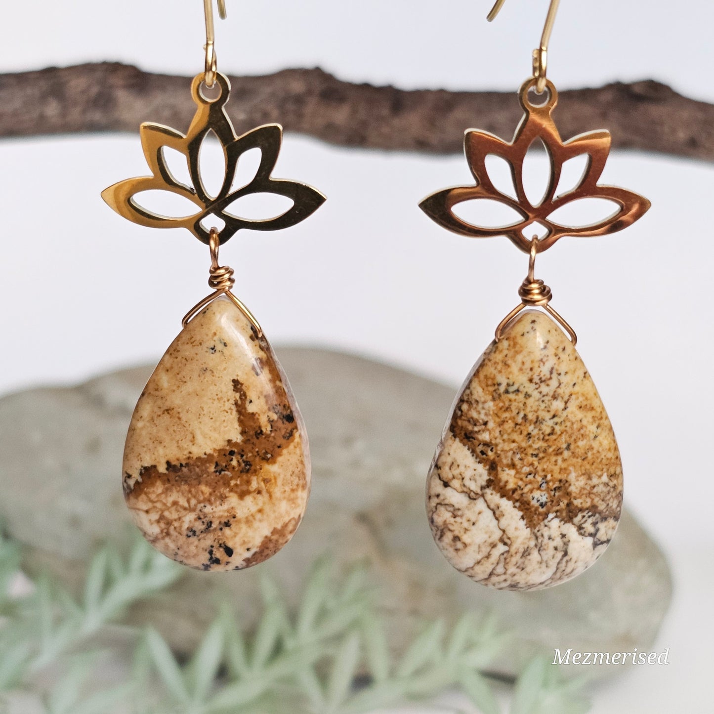 Picture Jasper Gold Lotus Earrings