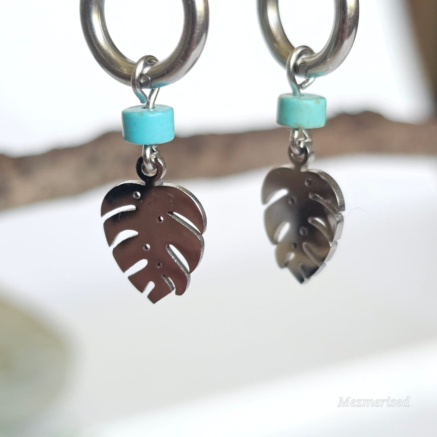 Howlite Silver Stainless Steel Monstera Leaf Huggie Hoops