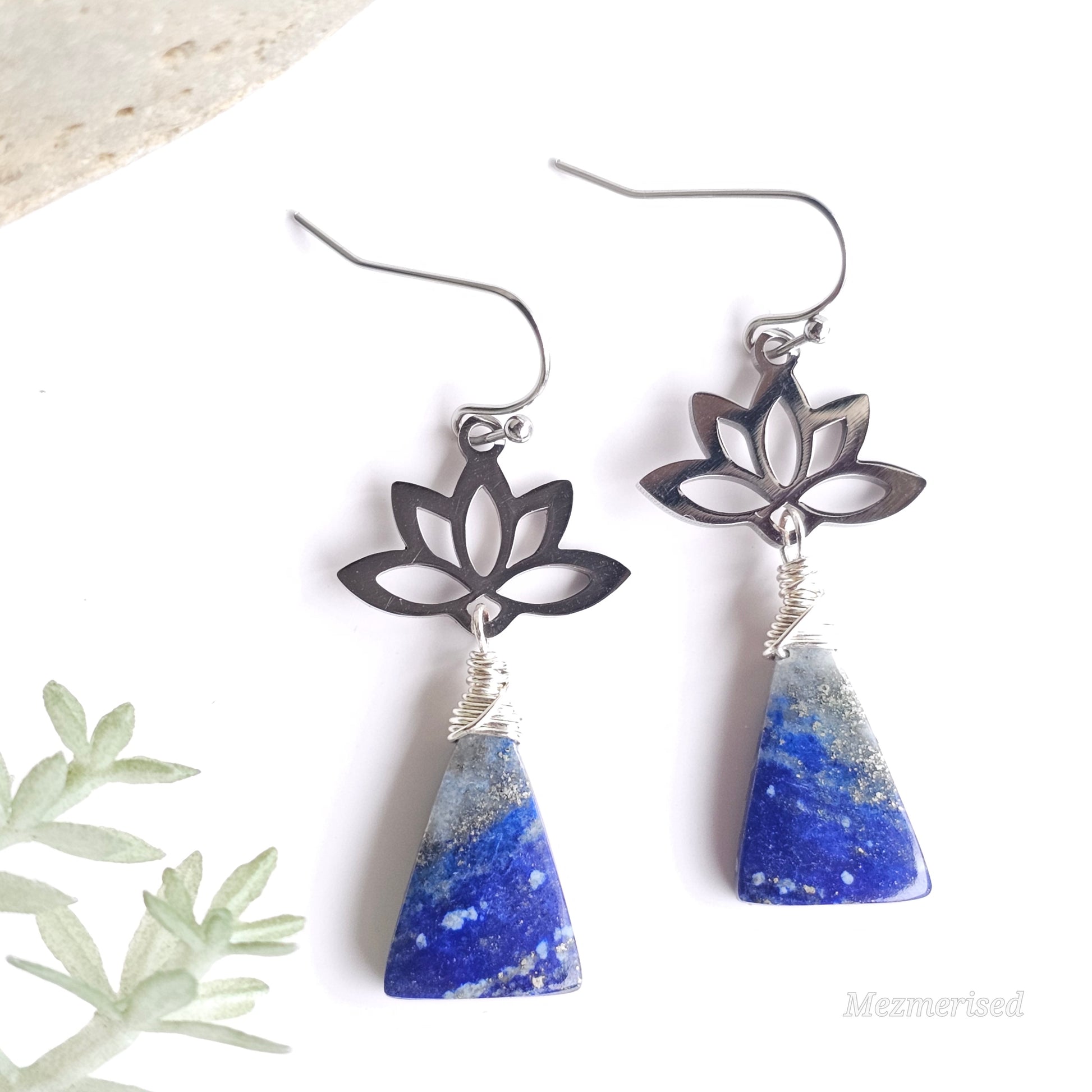 Lapis Lazuli Silver Lotus Earrings