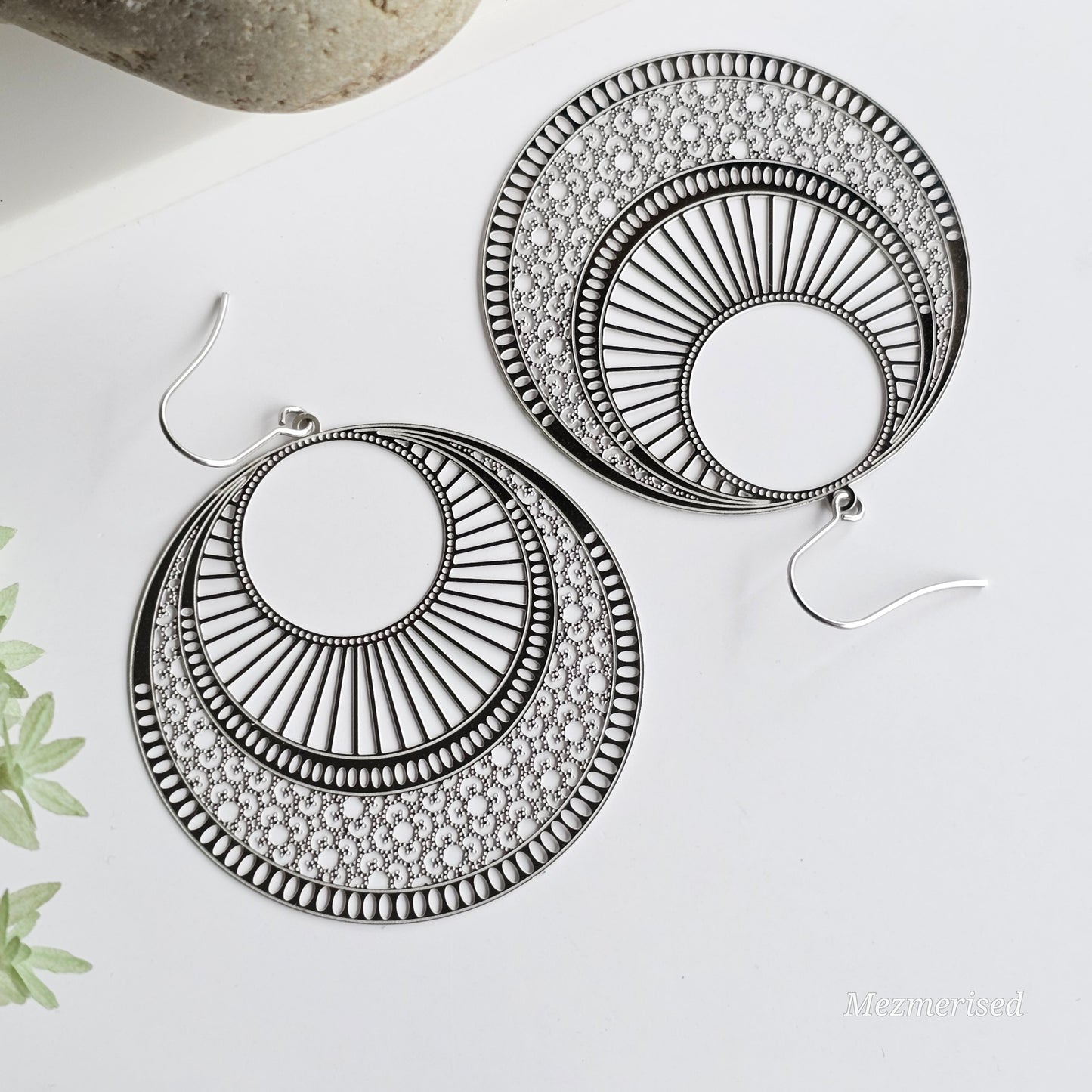 Large round filigree silver earrings