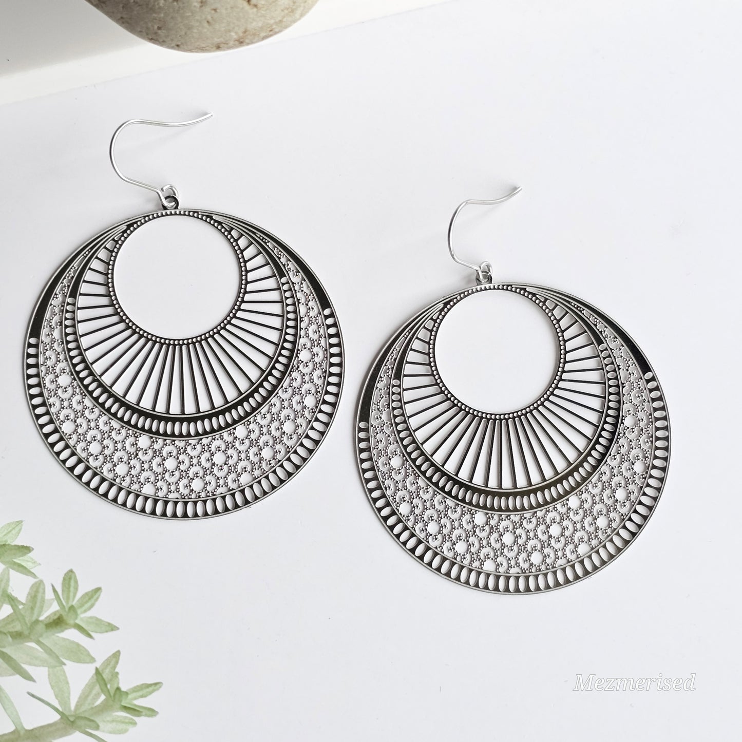 Large round filigree silver earrings