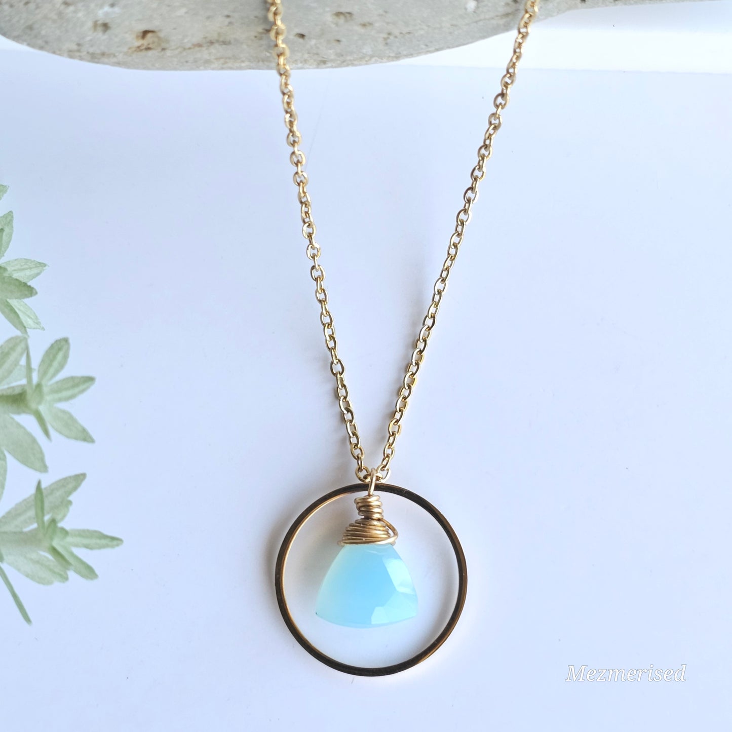 Blue Chalcedony Gold Hoop Necklace