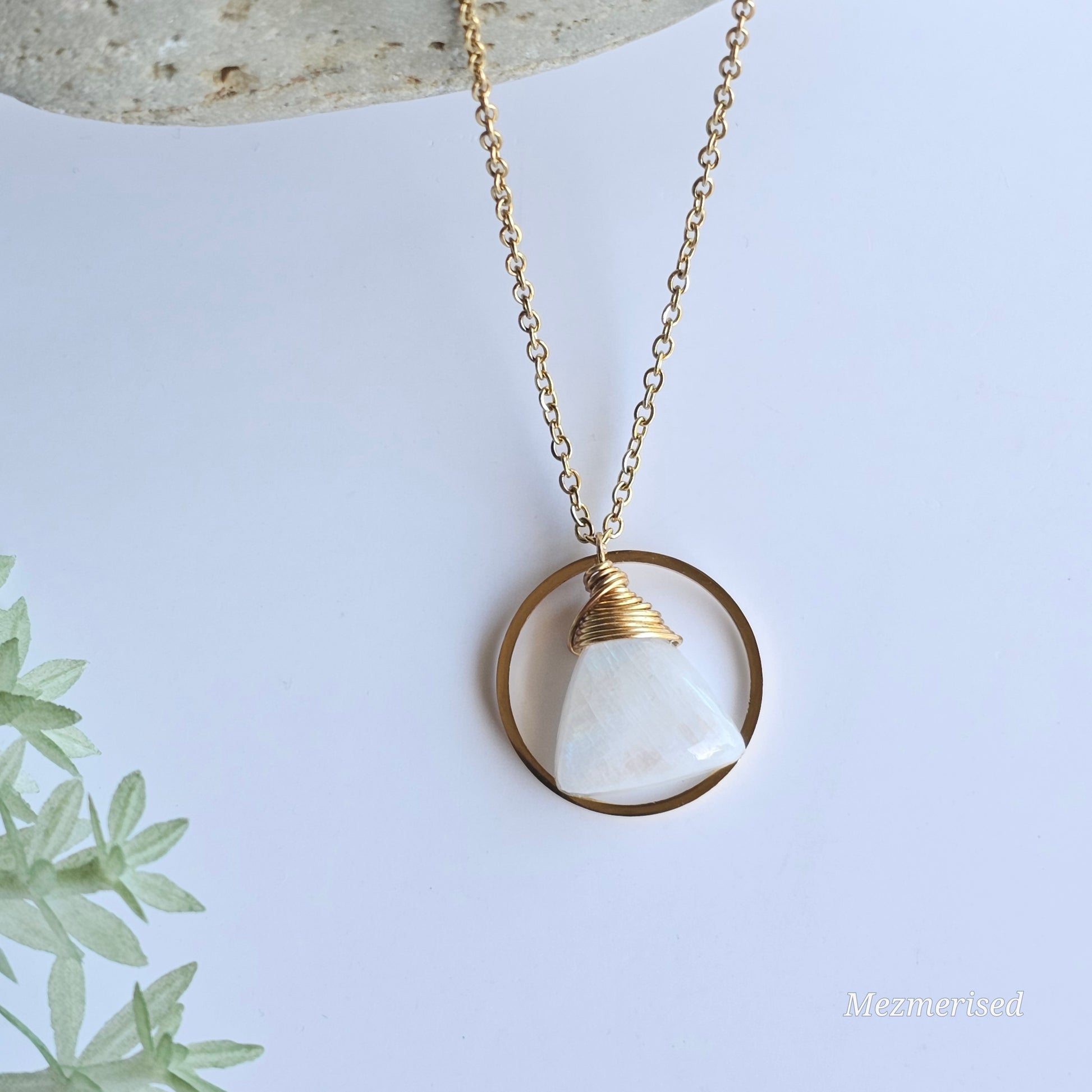 Rainbow Moonstone Gold Hoop Necklace