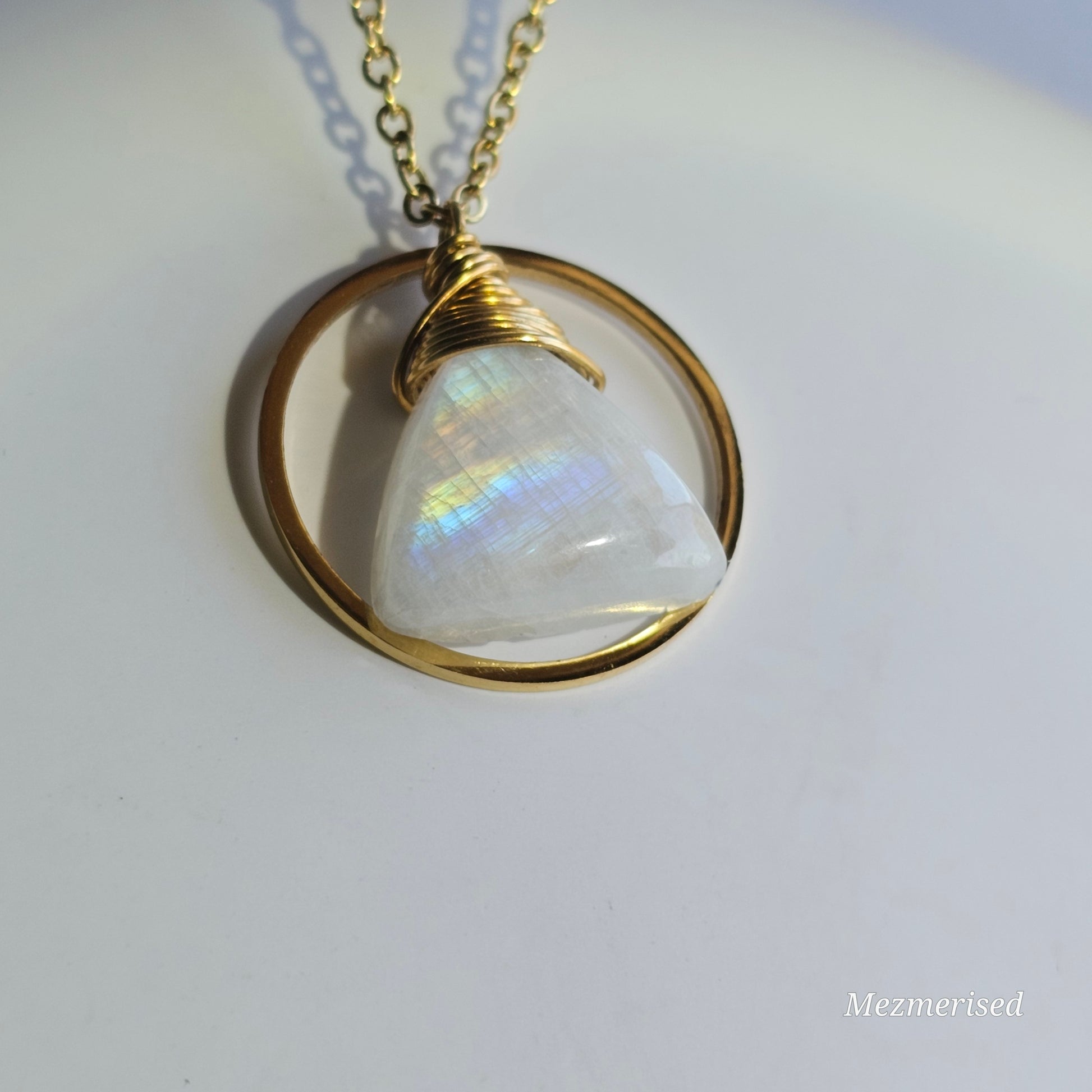 Rainbow Moonstone Gold Hoop Necklace