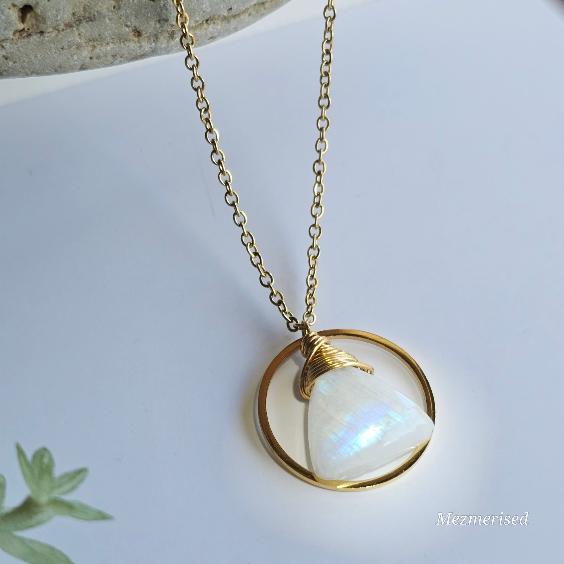 Rainbow Moonstone Gold Hoop Necklace