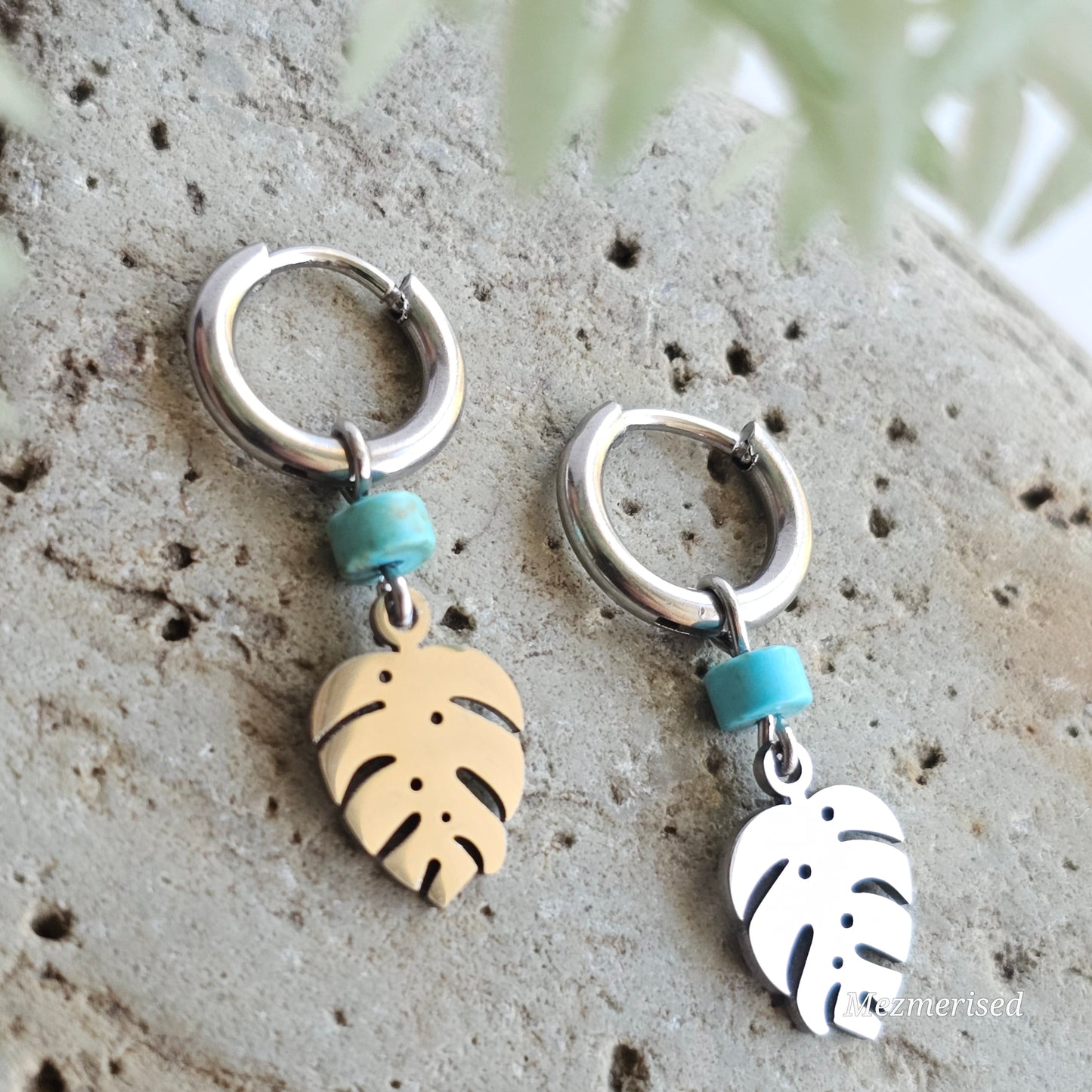 Howlite Silver Stainless Steel Monstera Leaf Huggie Hoops