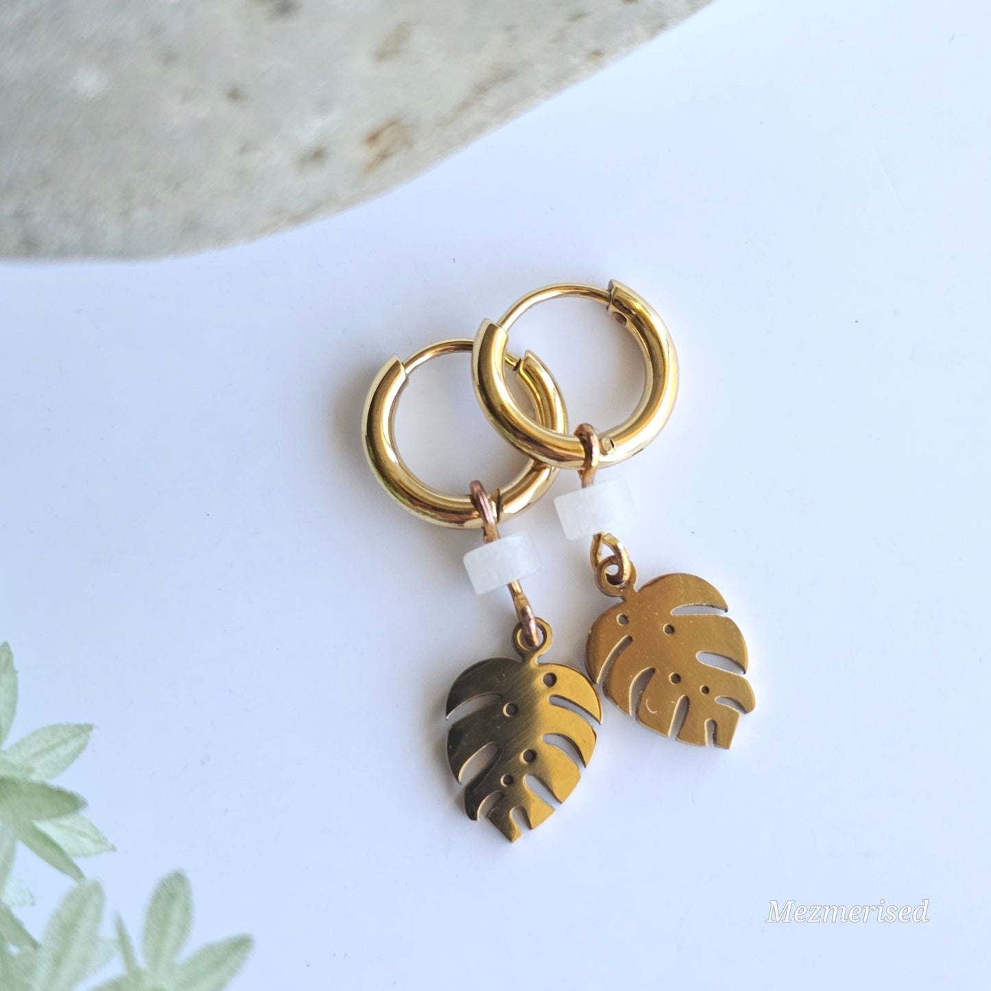 White Jade Golden Stainless Steel Monstera Leaf Huggie Hoops