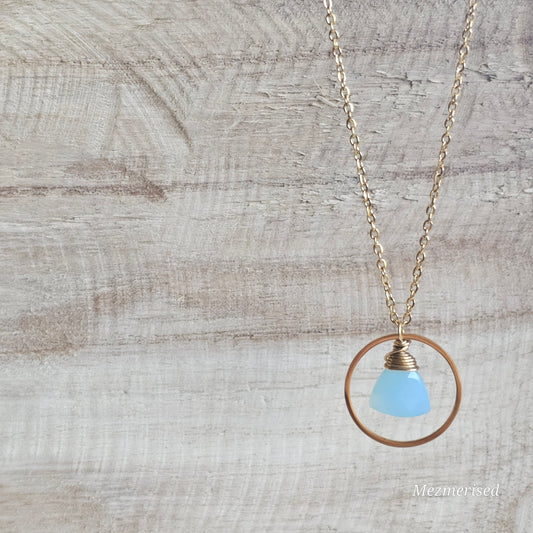 Blue Chalcedony Gold Hoop Necklace