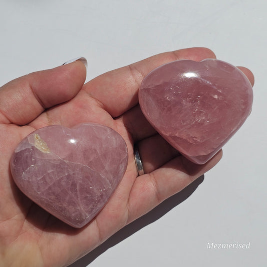 Beautifully carved puffy Rose Quartz hearts.