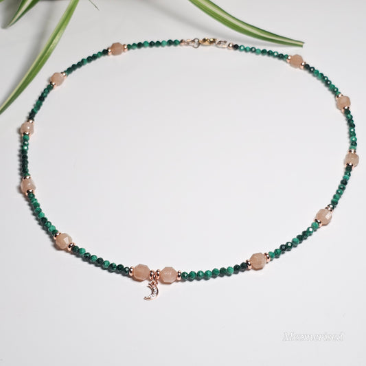 Malachite & Sunstone Rose Gold Crescent Necklace