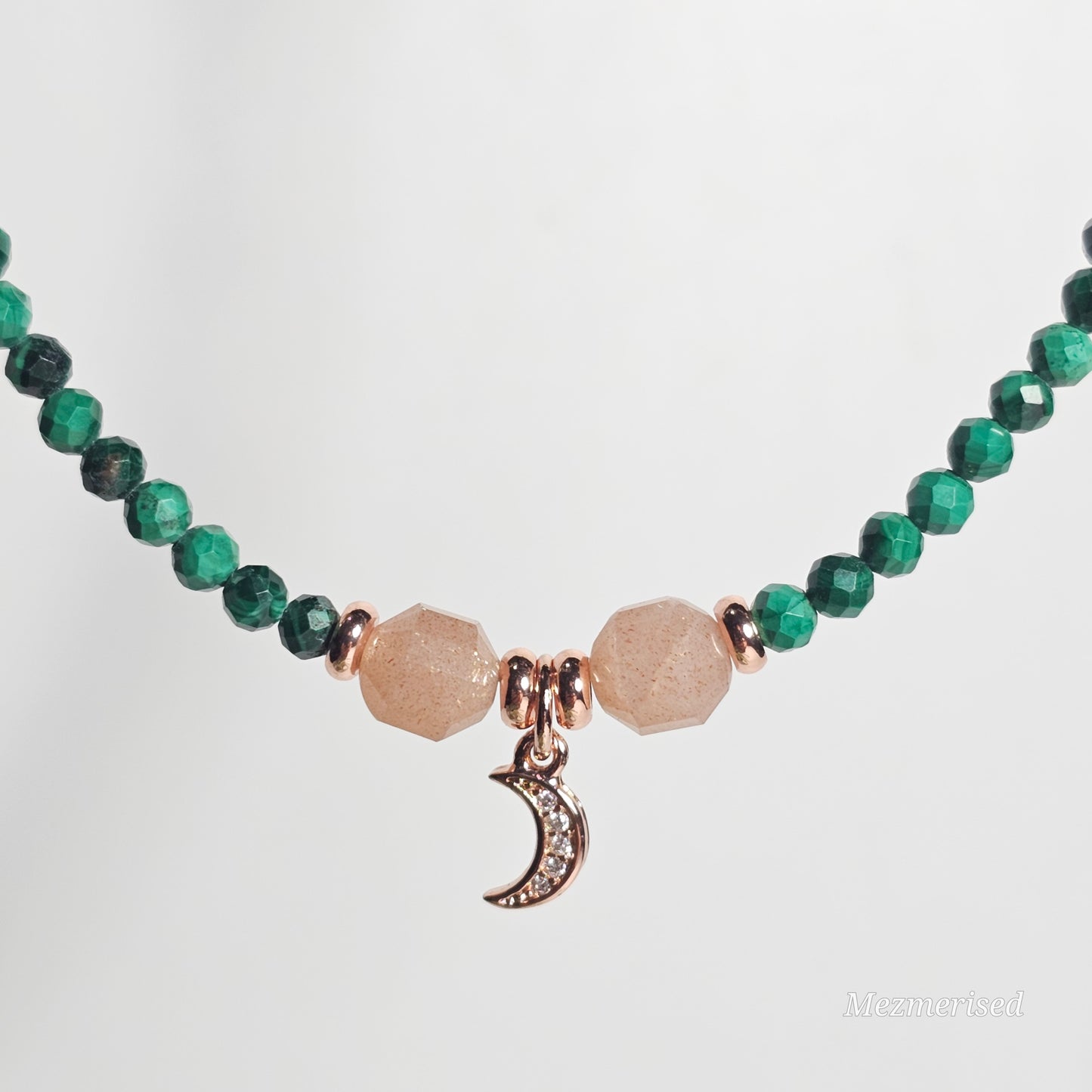 Malachite & Sunstone Rose Gold Crescent Necklace