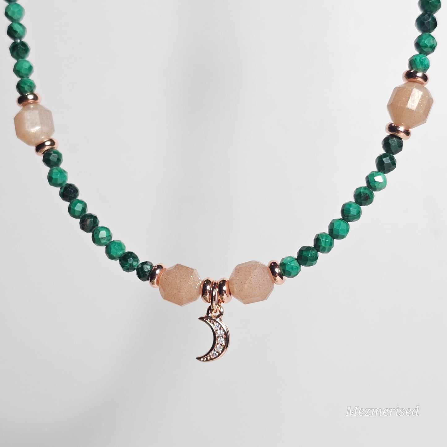 Malachite & Sunstone Rose Gold Crescent Necklace