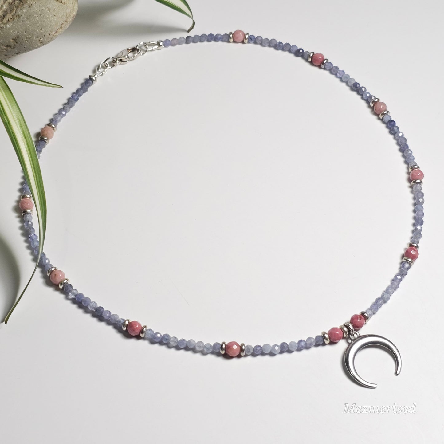 Tanzanite & Rhodonite Crescent Necklace