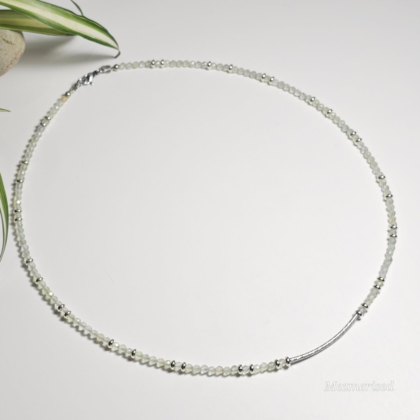 Prehnite Silver Textured Bar Necklace | natural handmade prehnite beaded necklace, gift for women, gift for friend, gift for mum, gift for mom, handmade gemstone jewellery, handmade crystal jewelry, anniversary gift, dainty gemstone jewellery, petite jewellery, ooak necklace, australia, melbourne