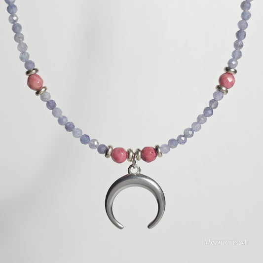 Tanzanite & Rhodonite Crescent Necklace