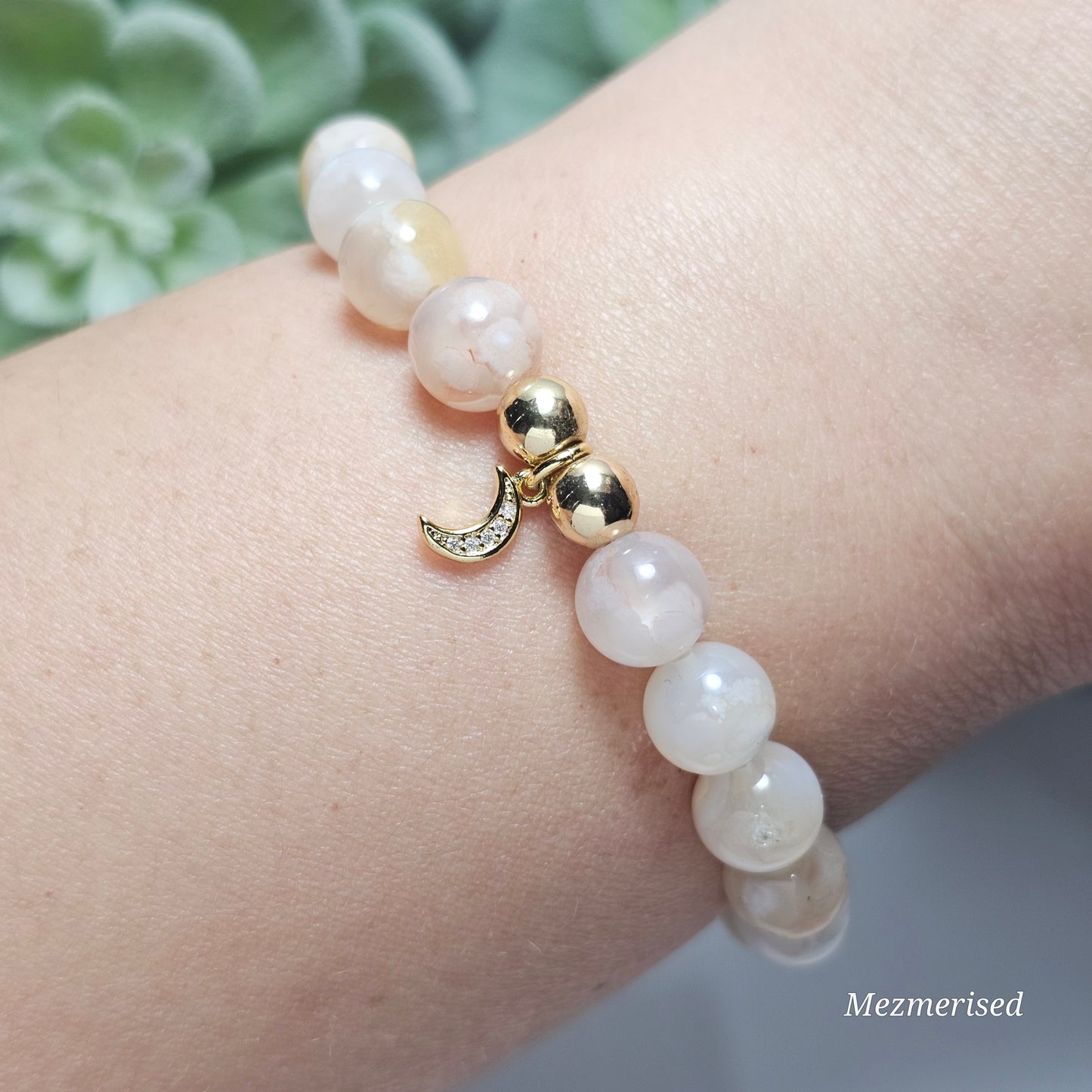 8mm Flower Agate Bracelet | Gold or Silver