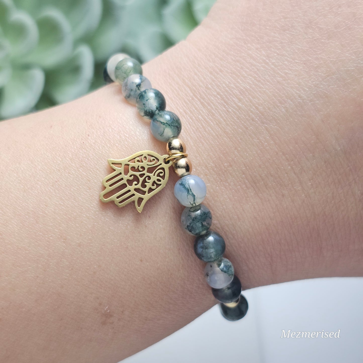 6mm A Grade Moss Agate Bracelet | Gold or Silver