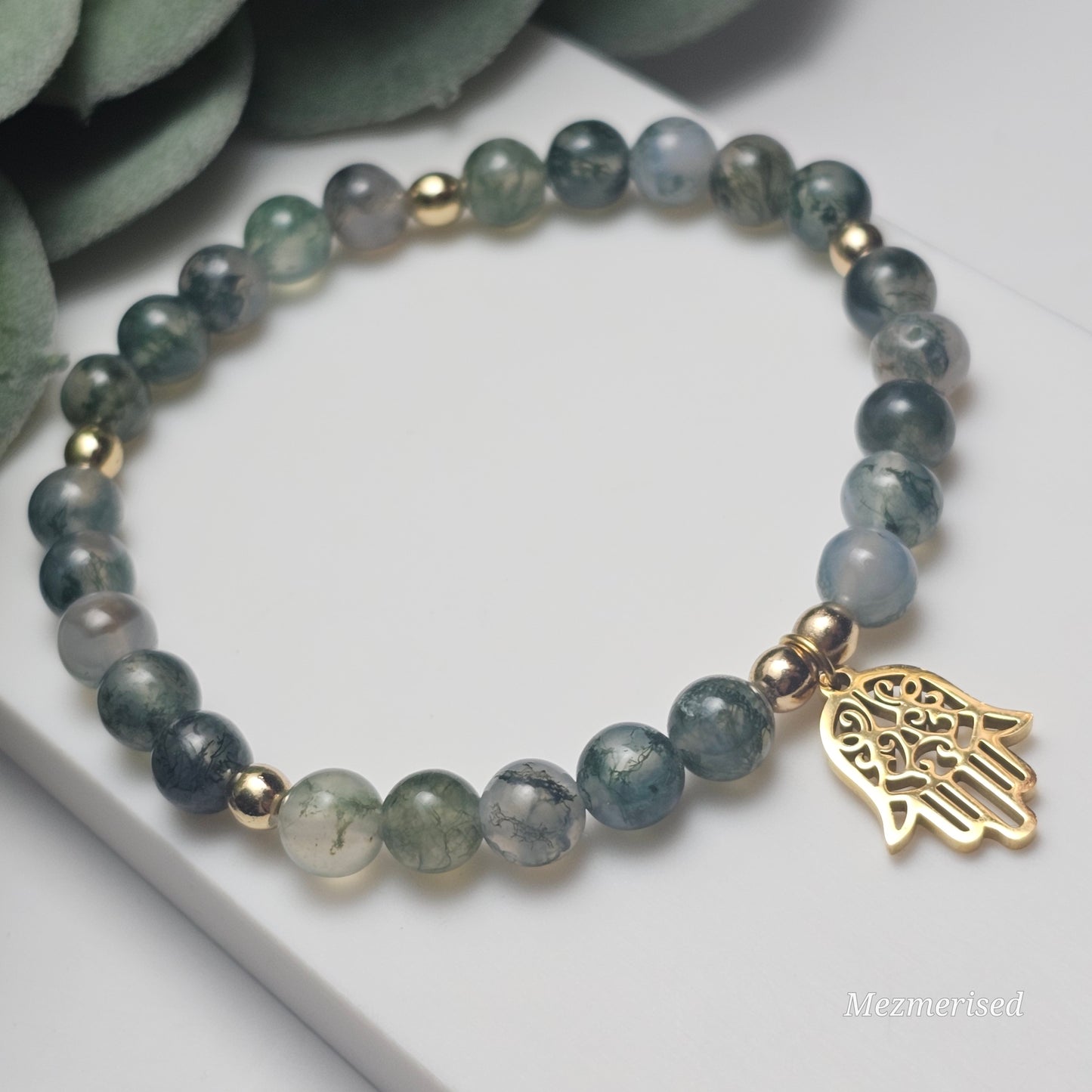 6mm A Grade Moss Agate Bracelet | Gold or Silver