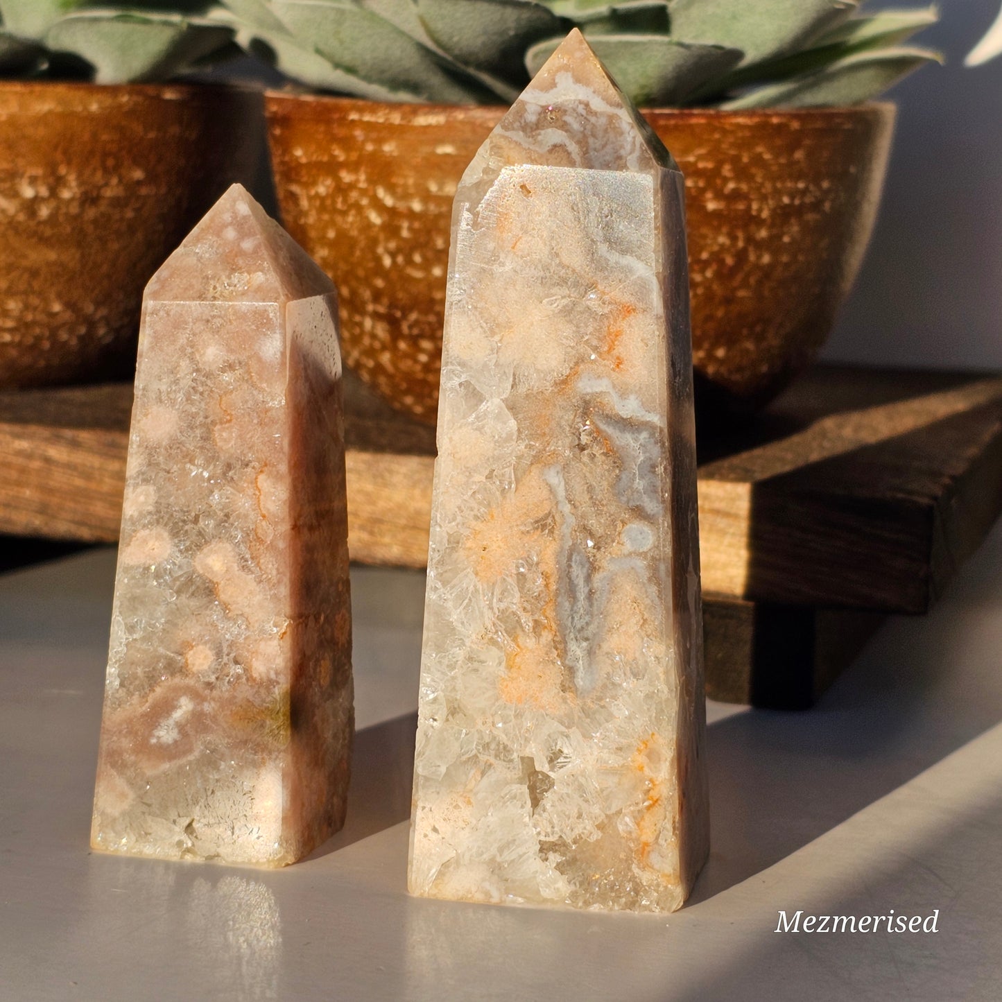 Flower Agate & Quartz Obelisks