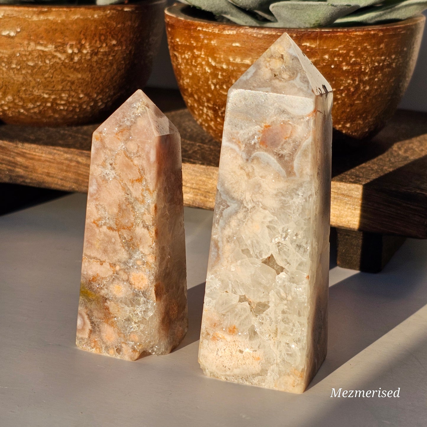 Flower Agate & Quartz Obelisks