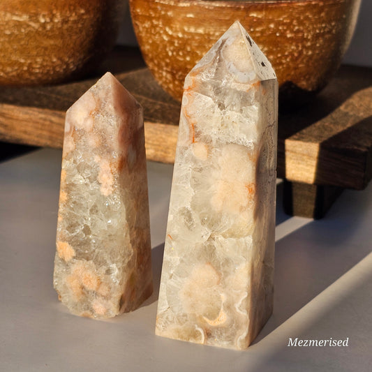 Flower Agate & Quartz Obelisks
