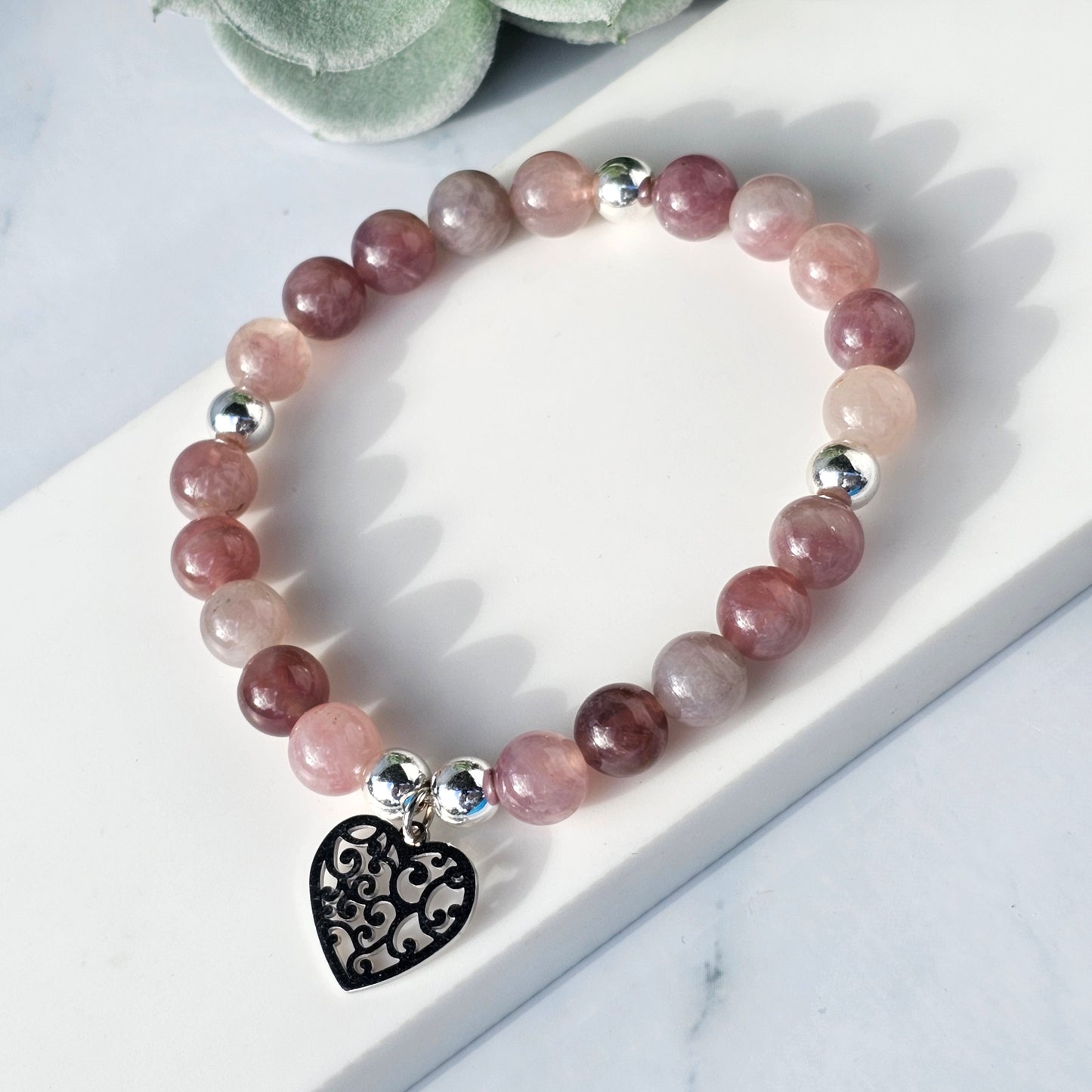 Lavender Rose Quartz Silver Heart Bracelet