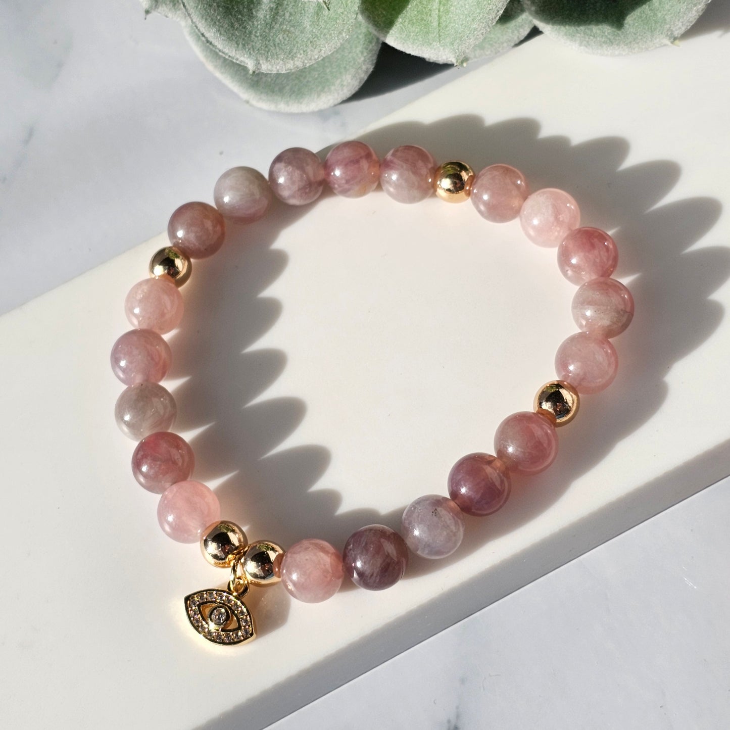 Lavender Rose Quartz Gold Eye Bracelet