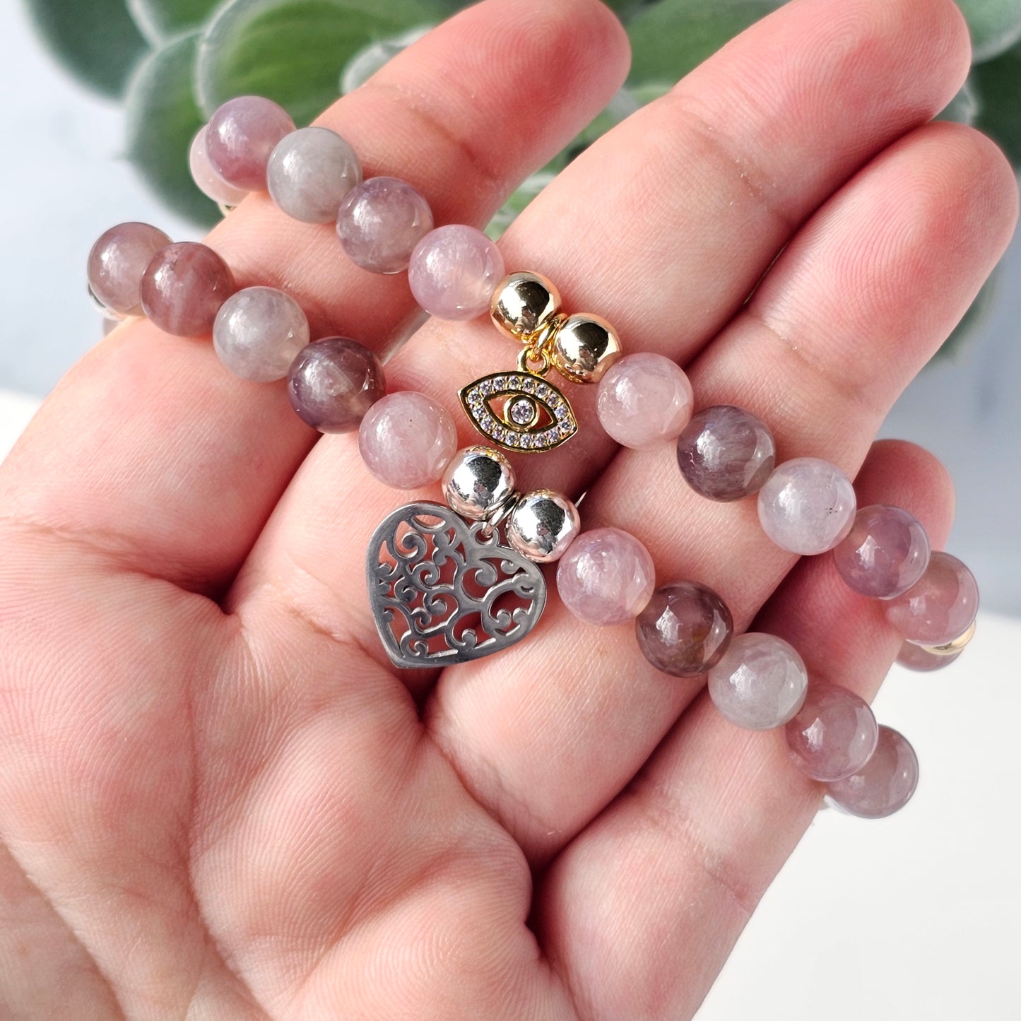 Lavender Rose Quartz Bracelets with Gold and Silver charms