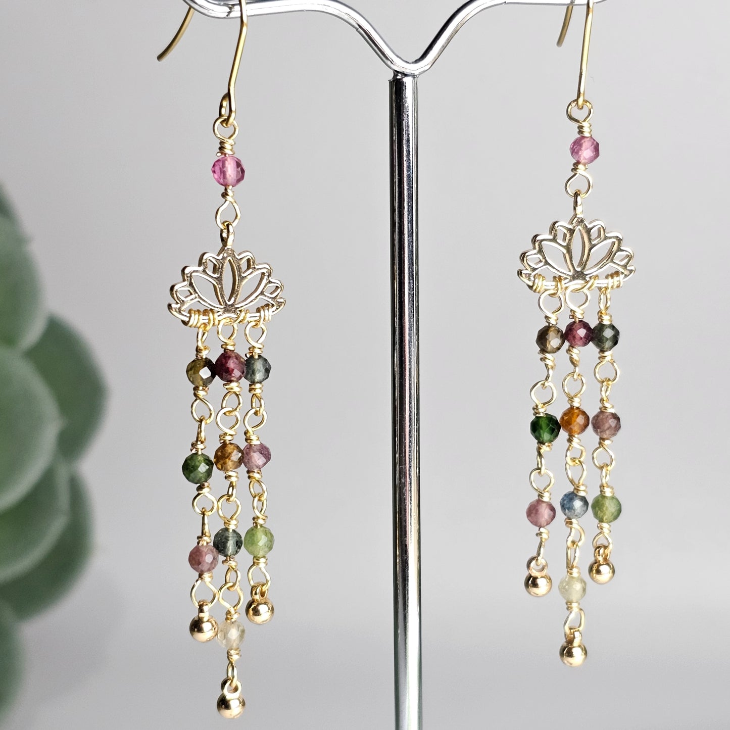 Colourful Tourmaline Lotus Dangle Earrings