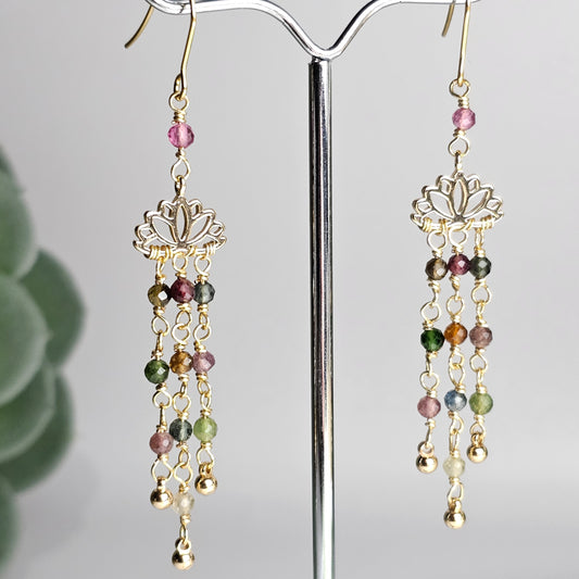 Colourful Tourmaline Lotus Dangle Earrings