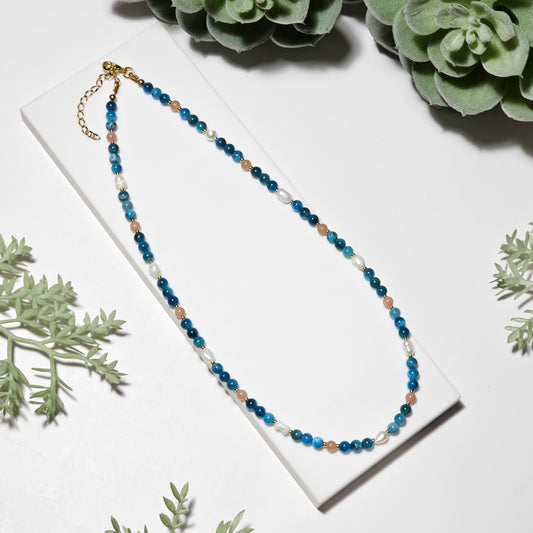 Blue Apatite, Sunstone and Freshwater Pearl Necklace