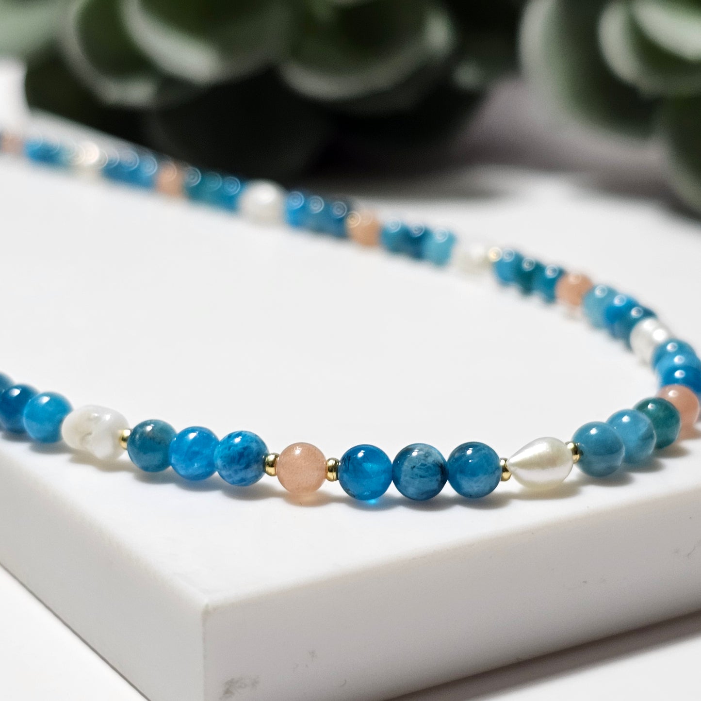 Blue Apatite, Sunstone and Freshwater Pearl Necklace