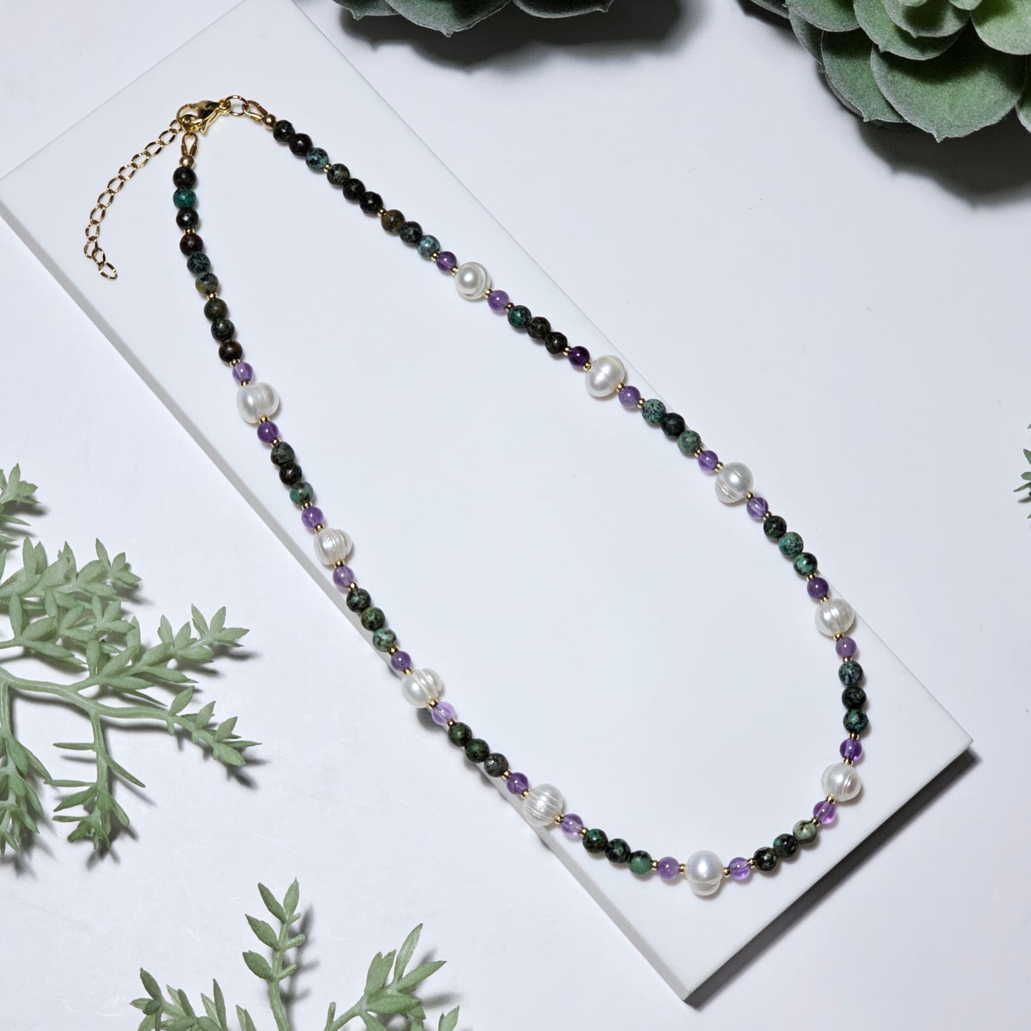 African Turquoise, Amethyst and Freshwater Pearl Necklace