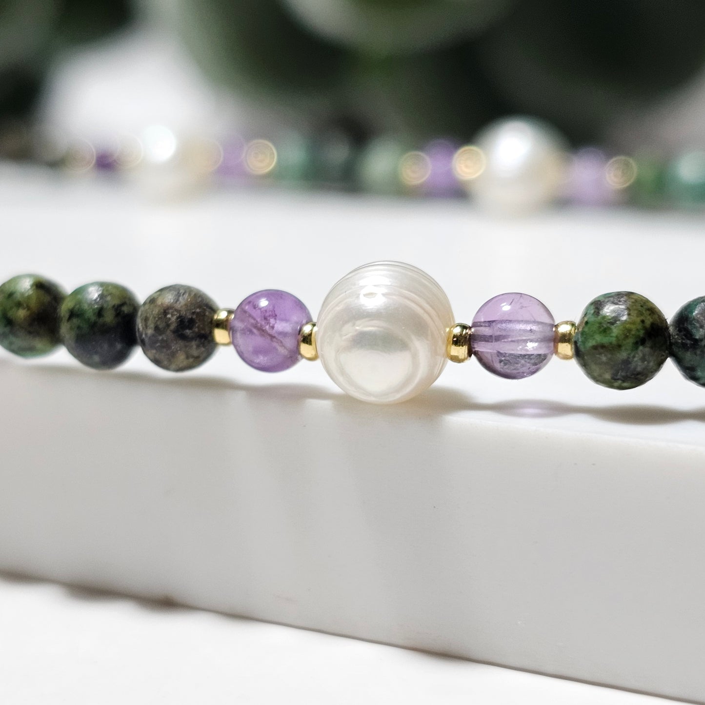 African Turquoise, Amethyst and Freshwater Pearl Necklace