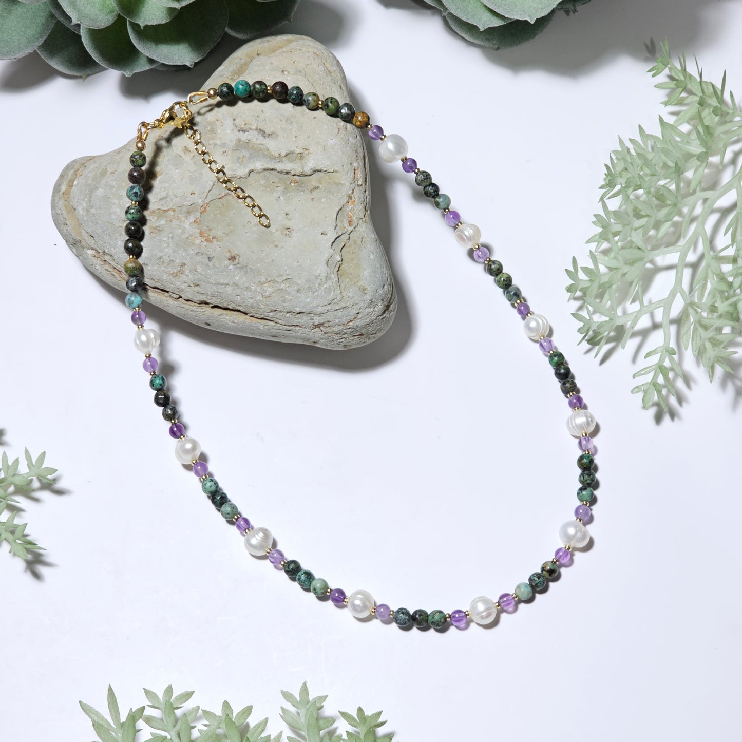African Turquoise, Amethyst and Freshwater Pearl Necklace