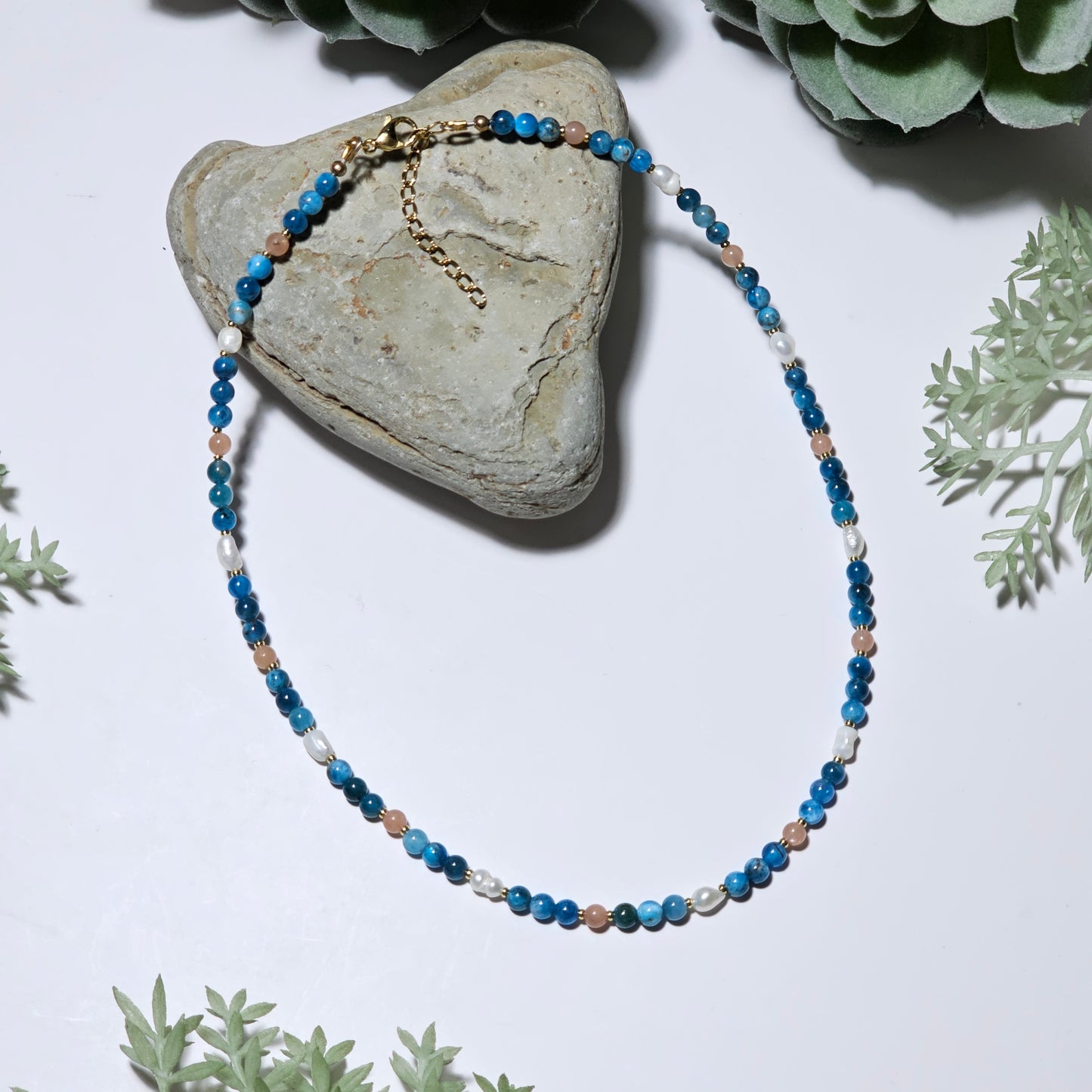 Blue Apatite, Sunstone and Freshwater Pearl Necklace