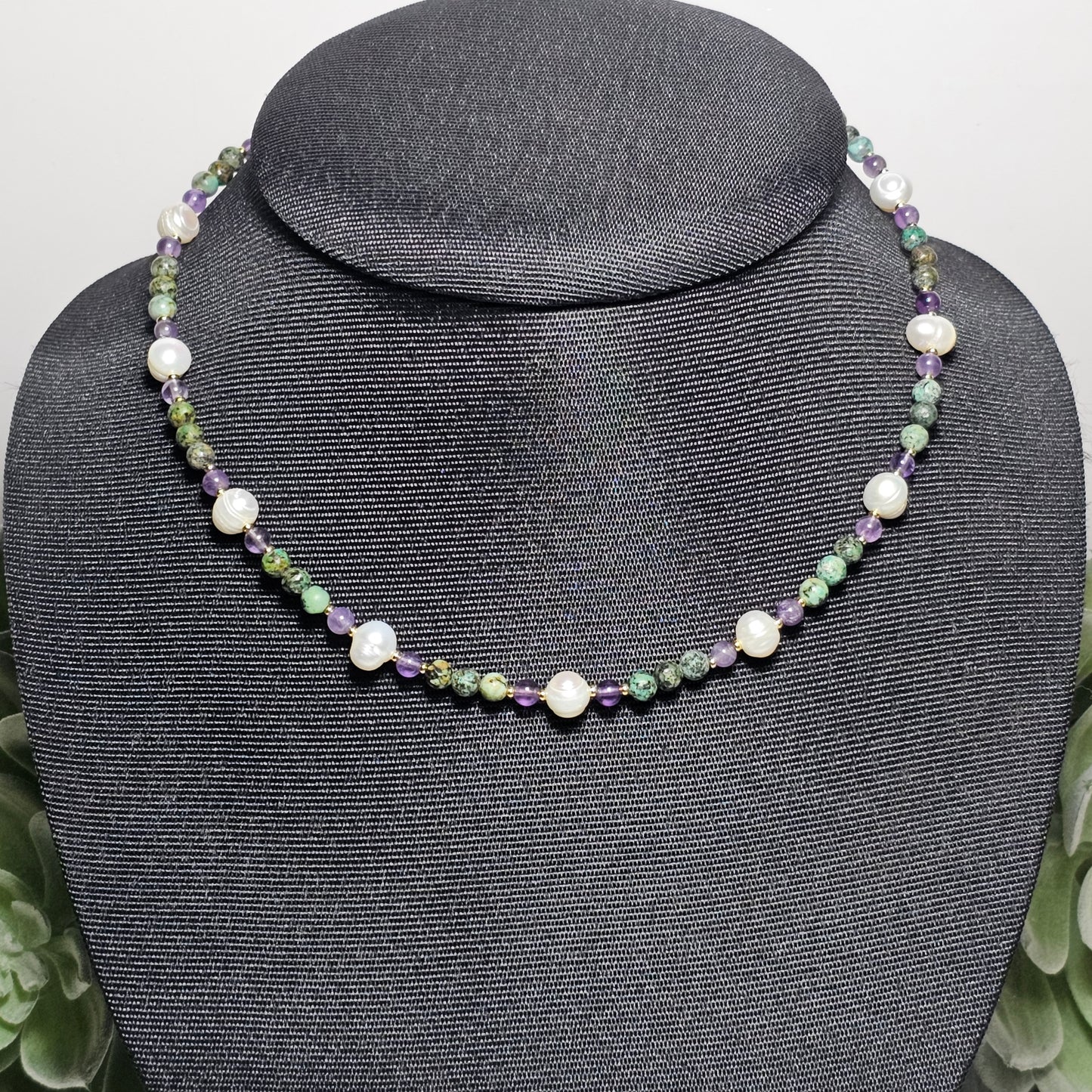 African Turquoise, Amethyst and Freshwater Pearl Necklace
