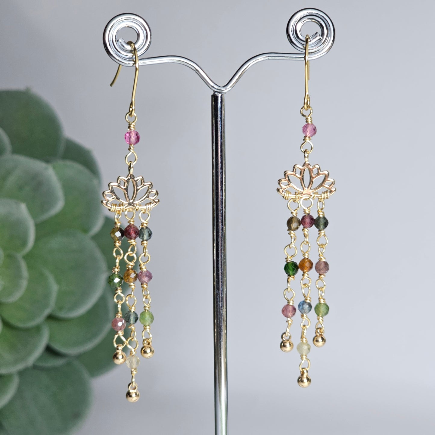 Colourful Tourmaline Lotus Dangle Earrings