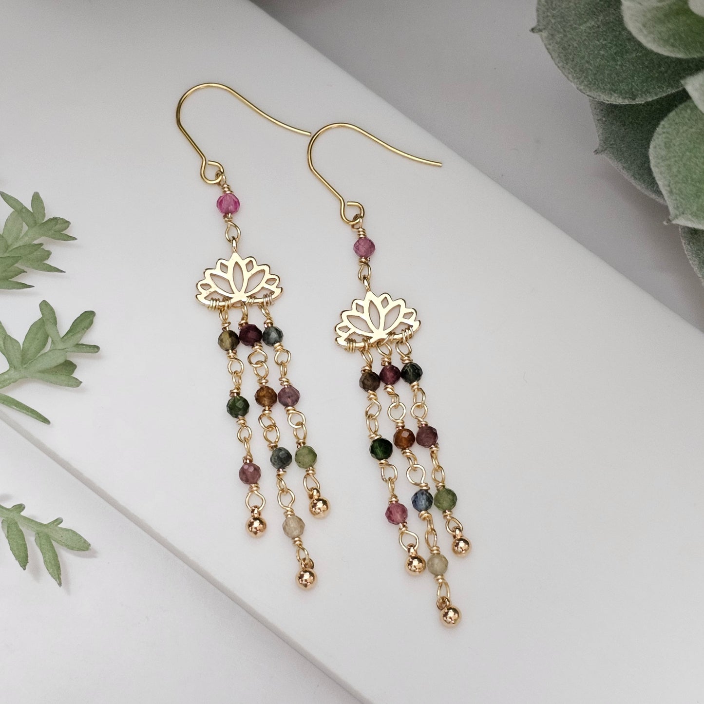 Colourful Tourmaline Lotus Dangle Earrings