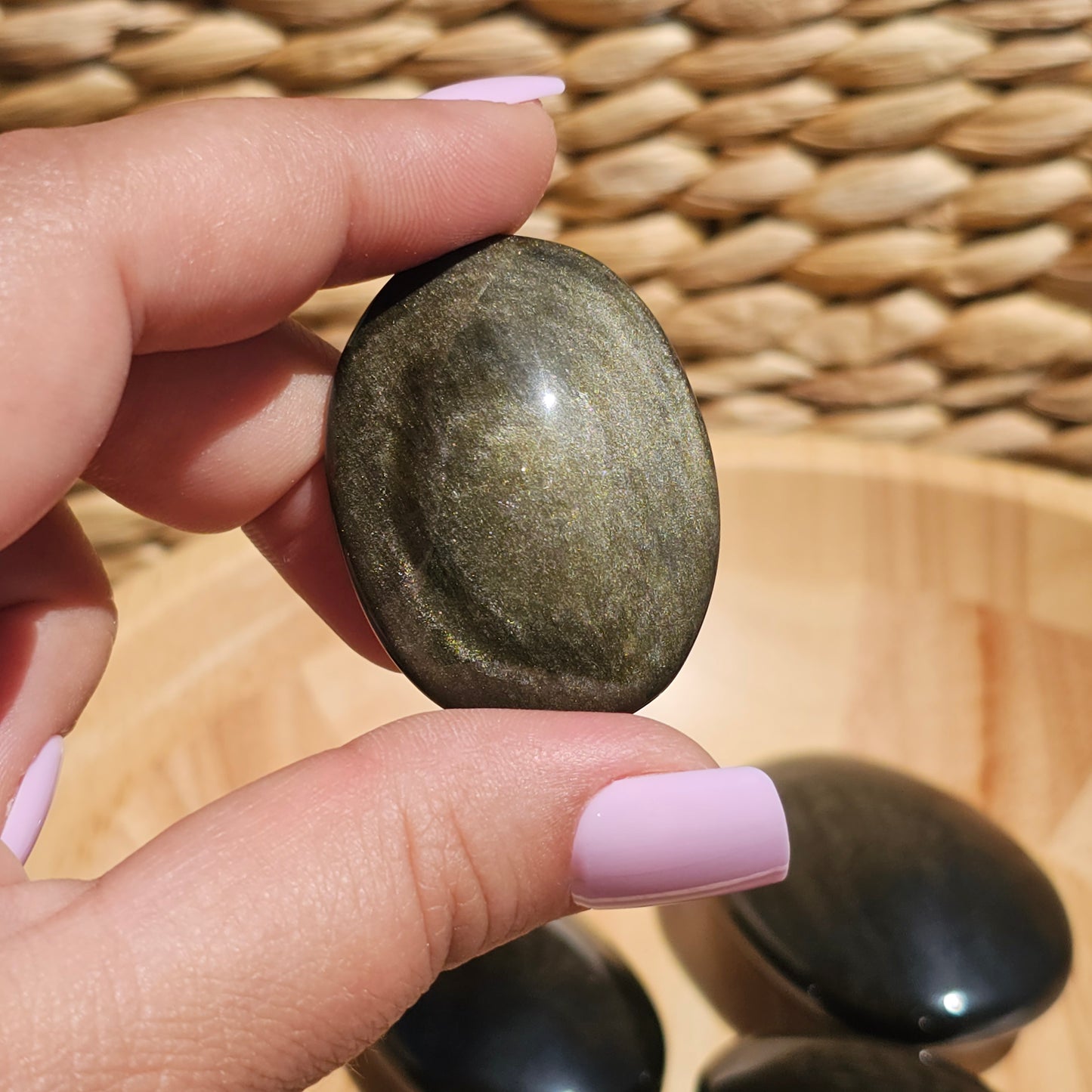 Gold Sheen Obsidian Palm Stone Option A