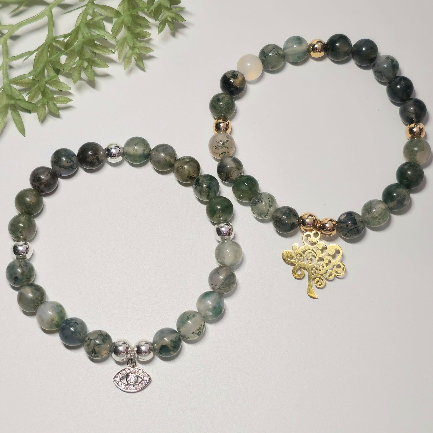 8mm A Grade Moss Agate Bracelet | Gold or Silver