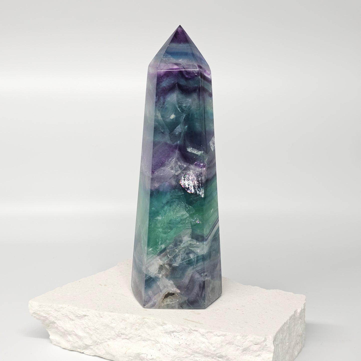 Large Fluorite tower with stunning rainbows, druzy cave and amazing chevron patterning.