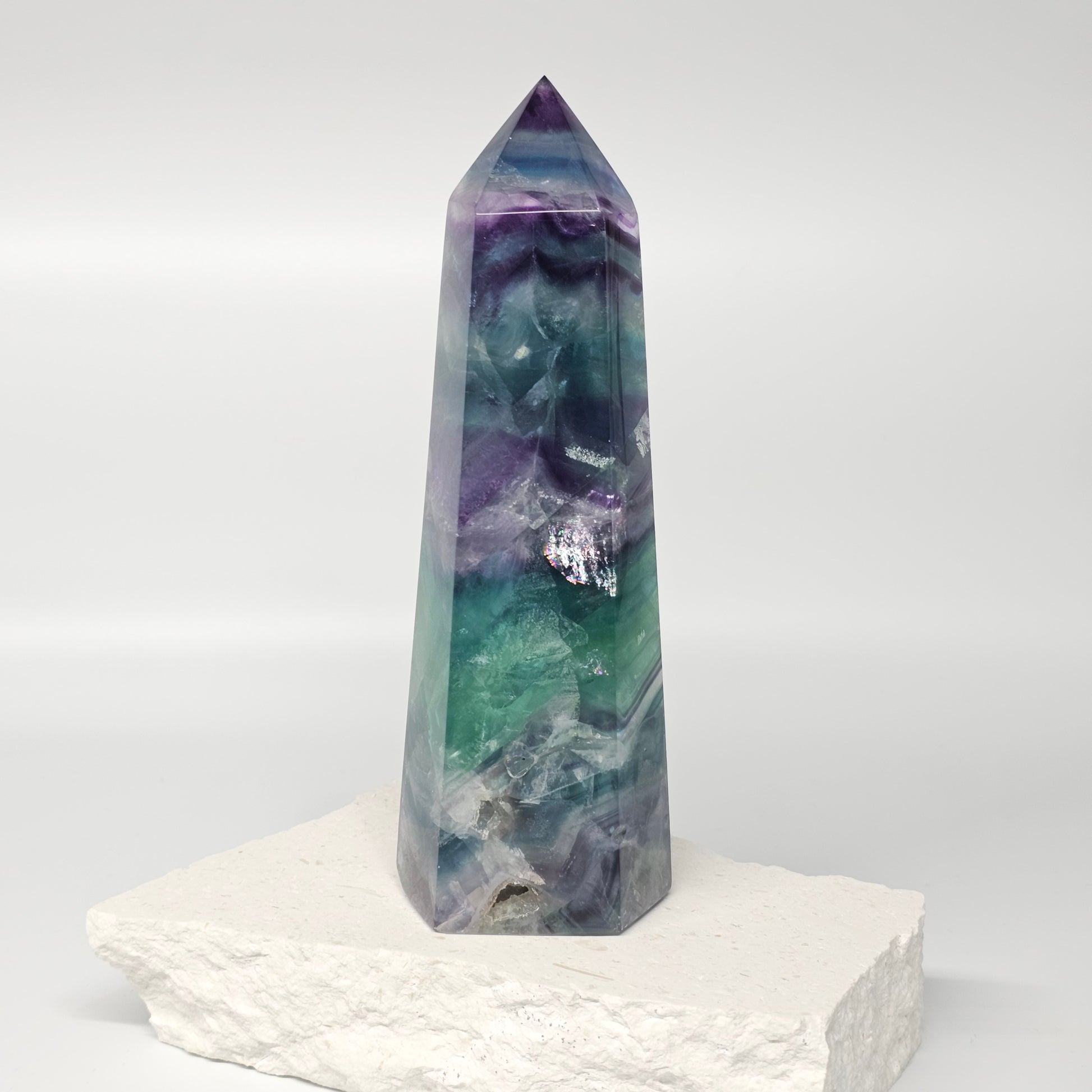 Large Fluorite tower with stunning rainbows, druzy cave and amazing chevron patterning.