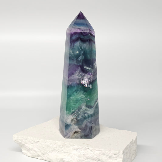 Large Fluorite tower with stunning rainbows, druzy cave and amazing chevron patterning.