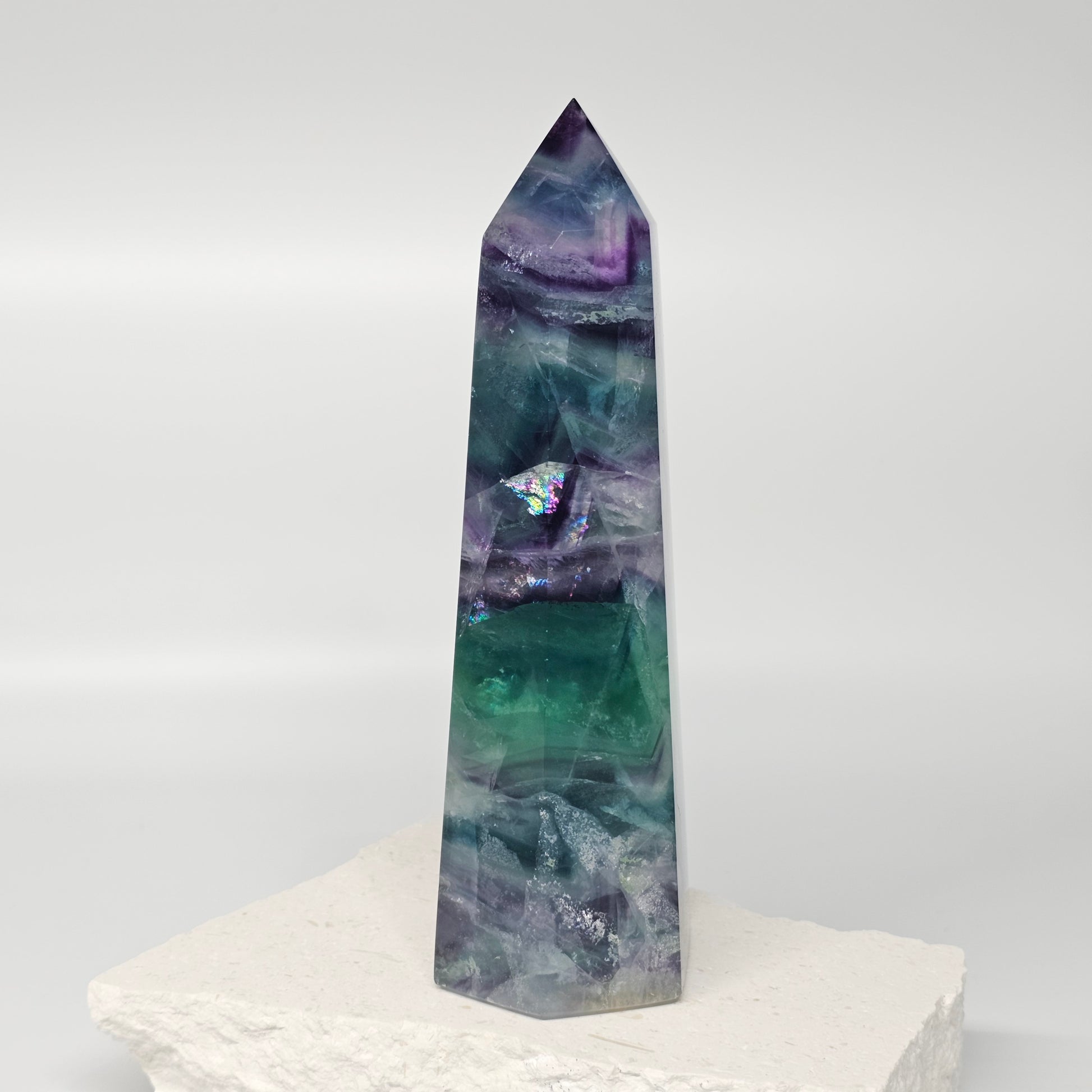 Large Fluorite tower with stunning rainbows, druzy cave and amazing chevron patterning.