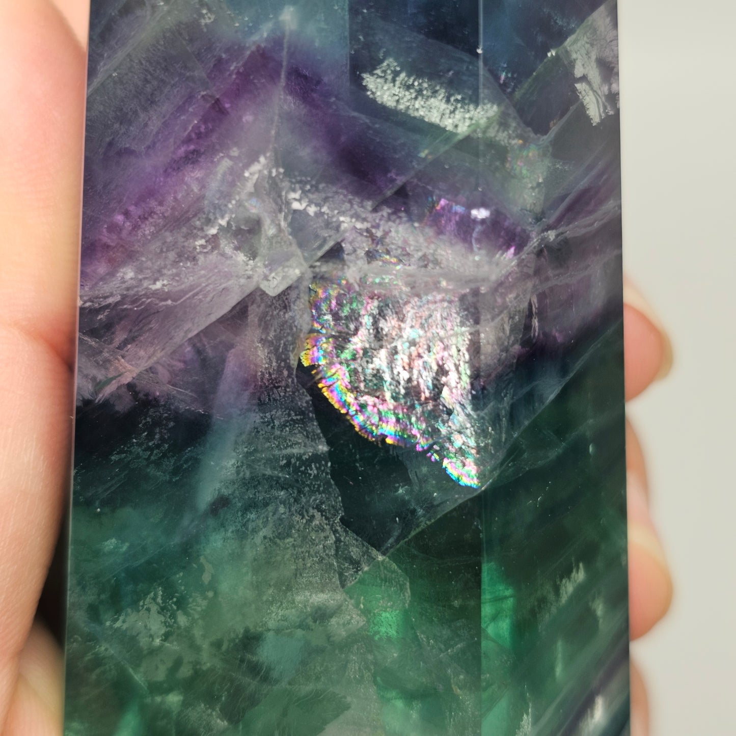 Large Fluorite tower with stunning rainbows, druzy cave and amazing chevron patterning.