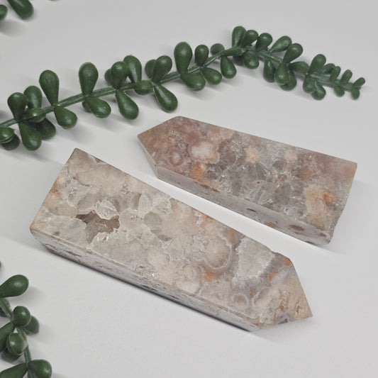 Flower Agate & Quartz Obelisks