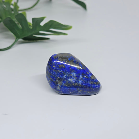 AA Grade Lapis Lazuli polished tumble stone with deep royal blue colour and natural Pyrite speckles. Premium quality crystal available in Australia.