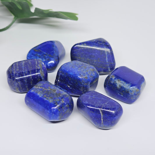 Collection of AA Grade Lapis Lazuli polished tumble stones featuring intense royal blue colouring with natural golden Pyrite speckles. Premium crystals available in Australia.